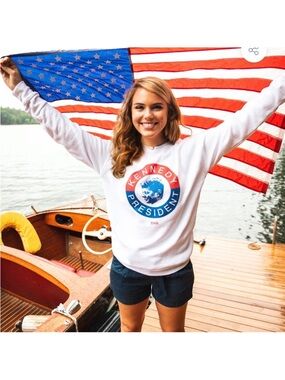 Kiel James Patrick White Crewneck with Red & Blue Kennedy President Graphic